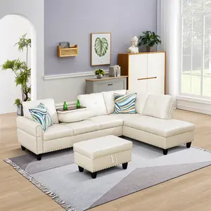 【3 Packages Shipping】Modern 3-Piece White Faux Leather Sectional Sofa, Convertible L-Shaped Couch with Ottoman for Living Room