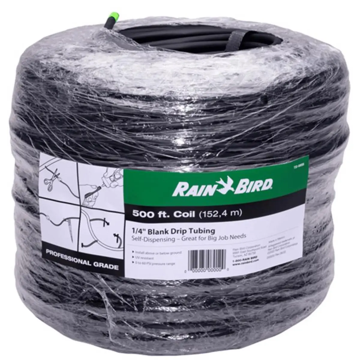 Rain Bird 7043229 1/4-in x 500-ft Polyethylene Drip Irrigation Tubing Coil Pack, 60 psi Flexible Garden Pipe for Exterior Home Improvement, Vegetable Garden Watering Equipment & Bendable Watering System (Cut To Needed Lengths)