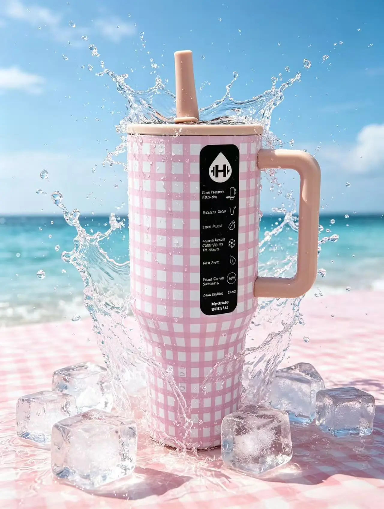 HydroJug 40oz Insulated Stainless Steel Tumbler - Portable Vacuum Flask with Handle, Cute Pink Gingham Plaid Print, Leak-Resistant Straw Lid, Ideal Gift for Girls, Flasks, Leakproof Vacuum Flask