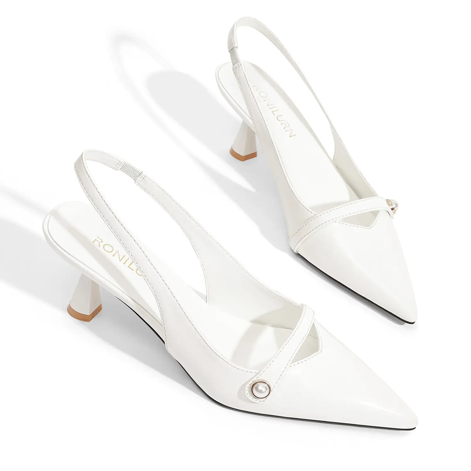 RONILURN Women's Kitten Heels Slingback Low Heel Pumps Dress Shoes for Women Closed Pointed Toe Pearl Heels for Work Wedding Bridal Plain Black Sandal Footwear