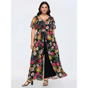 BloomChic Women's Plus Size Timeless Floral Jumpsuit with Short Sleeves and Hidden Pockets, Fitted Polyester Fabric Shortsleeve Womenswear