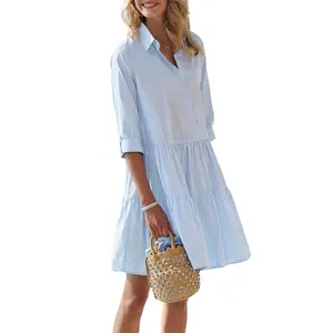 Chouyatou Women's Summer Striped Shirt Dress Half-Button Mini Cake Dress Loose Casual Rolled-Sleeve Design Layered Dress