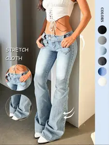 NVfelix Women's Vintage Inspired Solid Stretch Bootcut Denim Jeans Pants - Low Rise, Double Button Closure with Flap Pockets