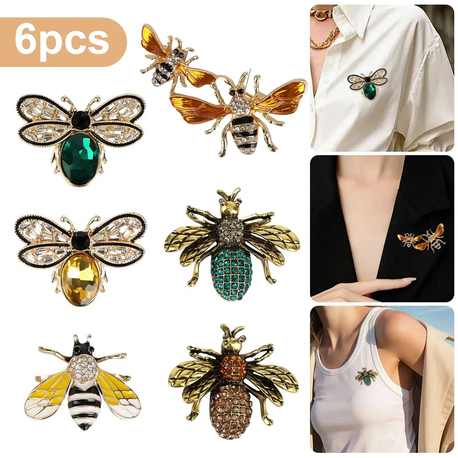 6Pcs Insect Shapes Dragonfly & Bee Brooches Set - Vintage Cute Fashion Jewelry for Dresses, Jackets, Bags, Unisex Use, Birthday Gift Ideas, Mom Birthday Gifts for Women Girls, Casual Wear, Set Of Six