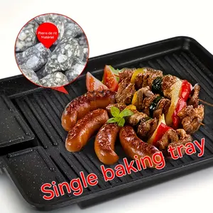 1pc Non-Stick Grill Pan, Smokeless Rectangular Grill Pan Stone Griddle Pan Baking Tray Barbecue Hot Plate for Indoor Outdoor, Restaurant Supplies