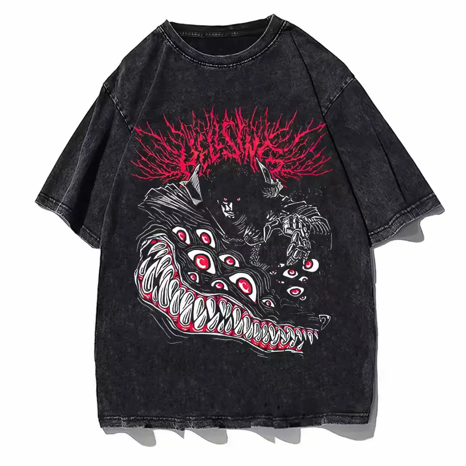 Men's Hellsing Anime Multi-Eyes Retro Graphic T-Shirt - Vintage Gothic Font, Soft Acid-Washed Heavy Cotton, Oversized Shortsleeve, Aesthetic Round Neck Menswear Apparel Fashion Casual Top