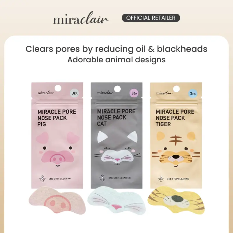 miraclair Miracle Pore Nose Pack 3 Pack | Blackhead & Whitehead Removal Strips with Kaolin Clay & Edelweiss Stem Cells | Deep Cleansing, Sebum Control, Skin Barrier Care | Cute Animal Designs | KOLAS & KOTITI Tested, Safe for Sensitive Skin