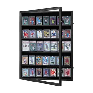 UV Shield Wooden Wall Display Case: 35 Card Slots for Graded Baseball, Football, Basketball, Soccer and Hockey Collectibles