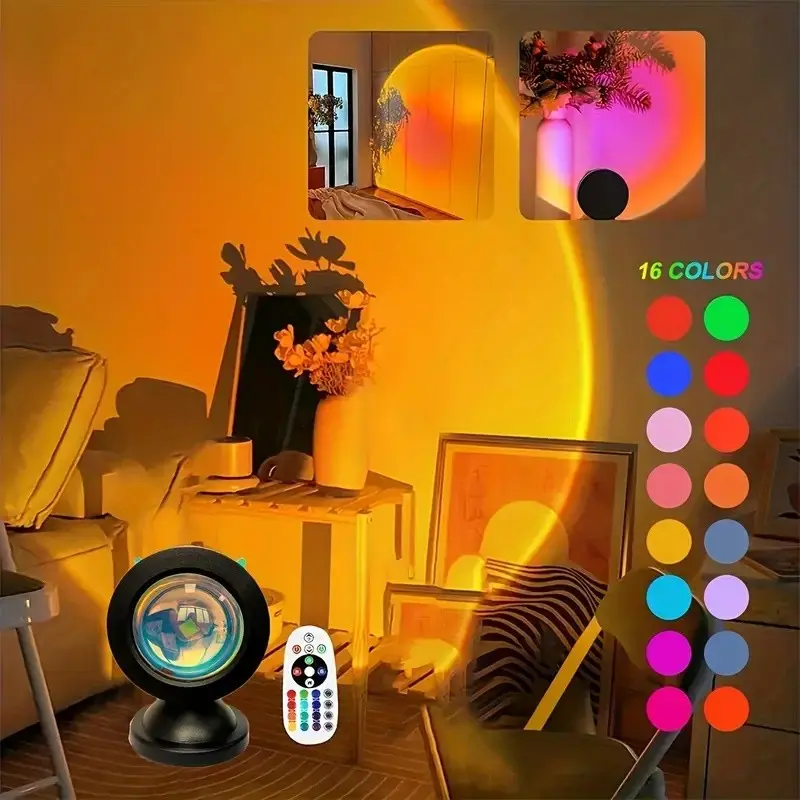 Rgb16 Color Remote Control Sunset Atmosphere Lamp, Single Color Sunset Projection LED Light, Romantic Decor for Bedroom & Living Room, Led Mood Lamp, Christmas gifts