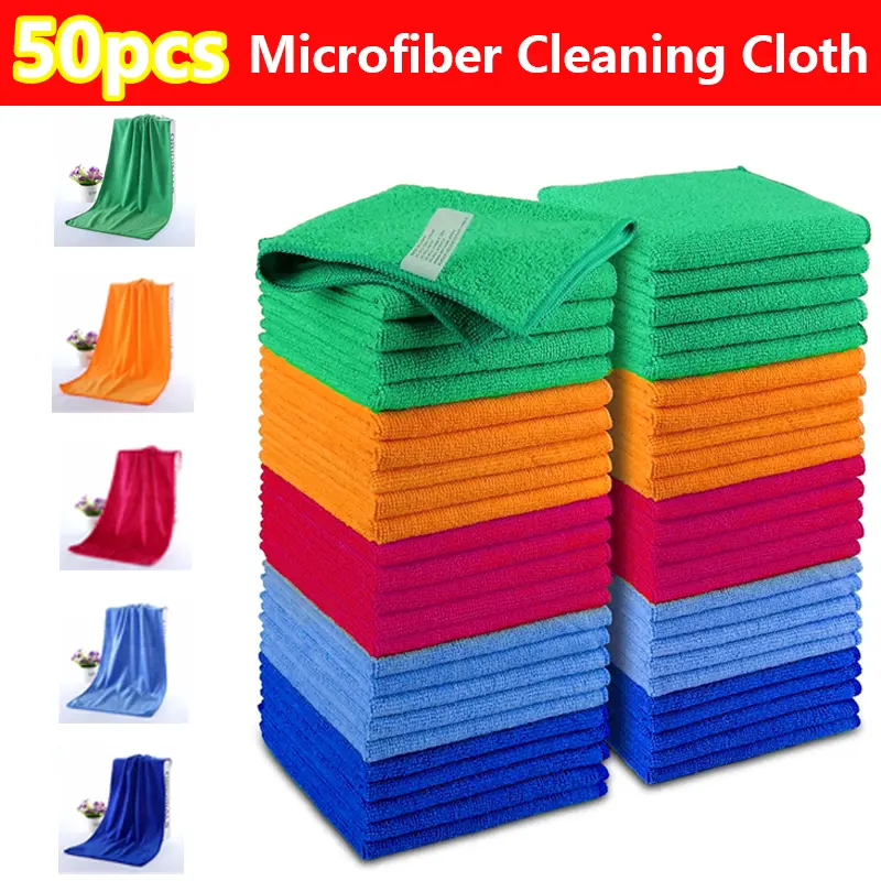 50 Pack Microfiber Cleaning Cloths, 12x12 in 5-Color Reusable Towels for Streak-Free Commercial Cleaning, Auto Detailing & Kitchen Use, Absorbent 80/20 Polyester-Polyamide Blend, Synthetic, 5 Color 50Pcs, 50 Pcs, Color-Sorted Wash