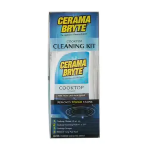 Cerama Bryte Cooktop Cleaning Kit,glass cooktop cleaner,ceramic cooktop cleaner,induction cooktop cleaner,burnt-on stain remover,grease residue remover,2 cleaning pads,scraper tool,POW-R grip pad tool,restores shine,smooth-top safe,easy kitchen cleanup