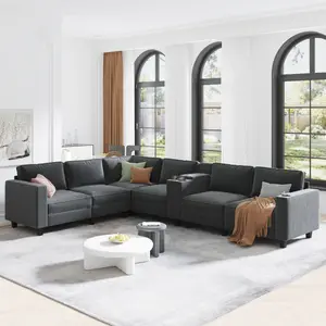 L-shaped 6-seater 133.4'' * 94.4'' Corduroy Sofa, Large Storage Armrests with Center Console, USB Charging, Left and Right Seats Can Be Switched Couch