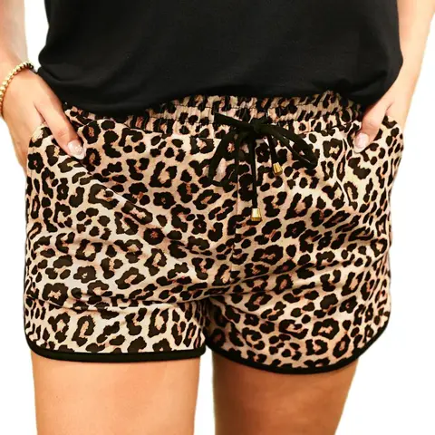 Znacicc Women's Blue Leopard Print Shorts Elastic High Waist Contrast Trim Drawstring with Pockets Machine Washable Casual Pull On Bottoms - Womenswear