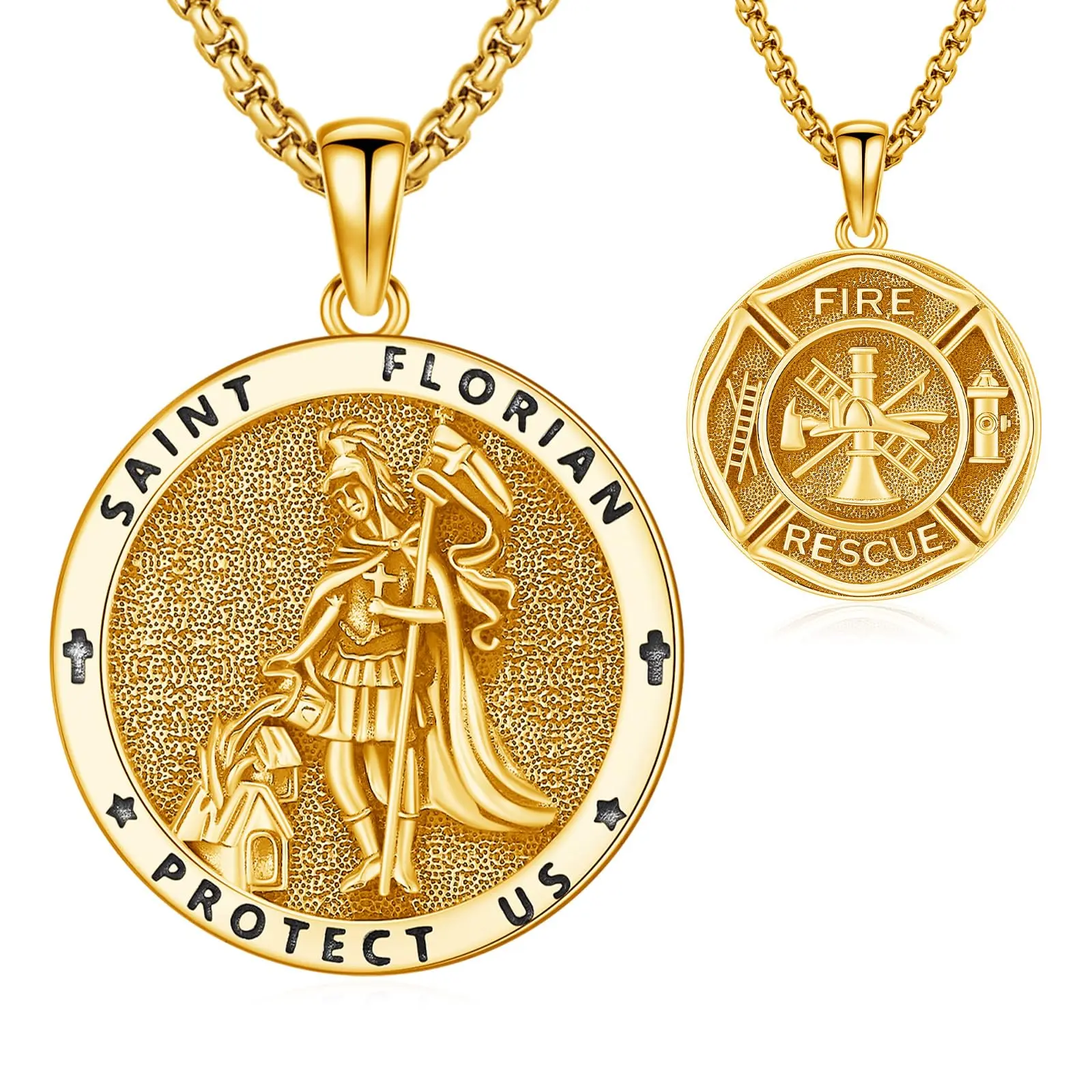 DRINSPER 925 Sterling Silver Saint Florian Pendant Necklace for Firefighters, Retro Reversible Fire Rescue Medallion with Inscription, Hypoallergenic 22"+2" Box Chain for Adults, Necklace Chain, Jewellery Pendant, Daily
