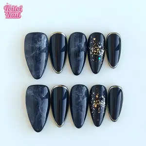 Marble Gold Handmade Press-On Nails, False Nails | Medium Almond Shape, 10pcs | Luxury Marble Gold Design | Black Base & Grey Marble & Gold Edge & Gold Foil Accents | Reusable DIY Nail Kit for Women | Trendy Nails for Spring, Summer, Parties & Daily Wear