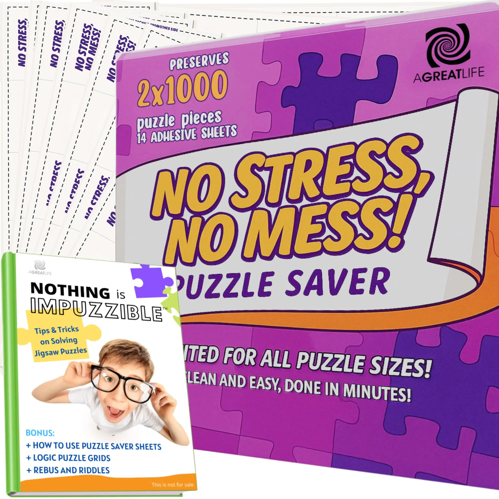 AGREATLIFE 14 Adhesive Puzzle Saver Sheets - Preserve 2 x 1000 Pieces Jigsaw Puzzles - No Stress No Mess - Puzzle Glue Sheets Peel and Stick (14 Sheets & 6 Adhesive Hangers)
