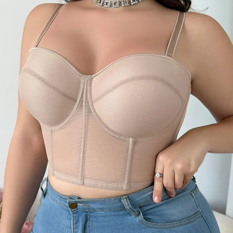 【Plus Size】 Women's Solid Color Push Up Anti-Sagging Underwire Bra with Removable Adjustable Spaghetti Strap, Casual Comfy Breathable Full Coverage Corset Bra for Daily Wear, Women's Lingerie for All Seasons