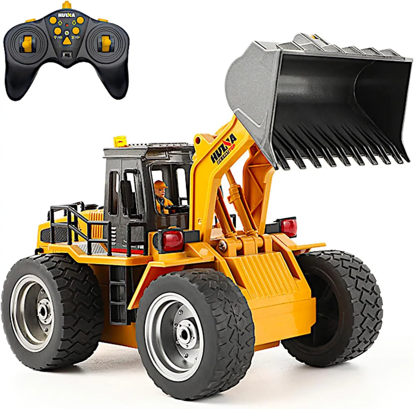 Huina 1/18 9CH Alloy 4WD RC Front Loader Bulldozer, Metal Shovel & Cabin, 2.4G Radio Control, Lights & Toy Engine, 8-14 Years Kid Boy Gift & Adult Collection Construction Vehicle Model