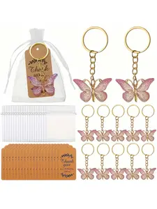 36pcs Set Butterfly Keychain Gift Set, Keychain Accessory, 12 Pink Butterfly Keychains+12 Thank You Tags+12 Organza Drawstring Bags,Acrylic Butterfly keyring Pendant,Butterfly Charms Hanging Ornament Car Backpack Hanging Weddings,Christmas Party Holiday