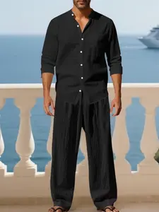 Men's casual linen two-piece set - collarless shirt and matching elastic-waist wide-leg straight pants. Lightweight, breathable, quick-drying, with a loose and comfortable fit. Perfect for beach vacations, resort hotel wear, and casual outings.