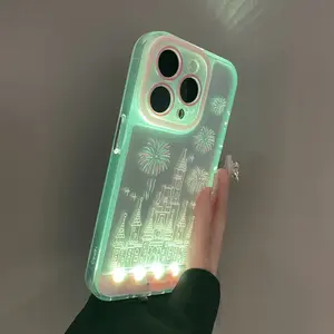 Voice Control Glowing Fireworks Castle Hollow Cartoon Aesthetic Phone Case Casing, Unique Call Light Up Design, Compatible with iPhone 11/12/13/14/15/16/17 Pro/Plus/Pro Max, Smartphone