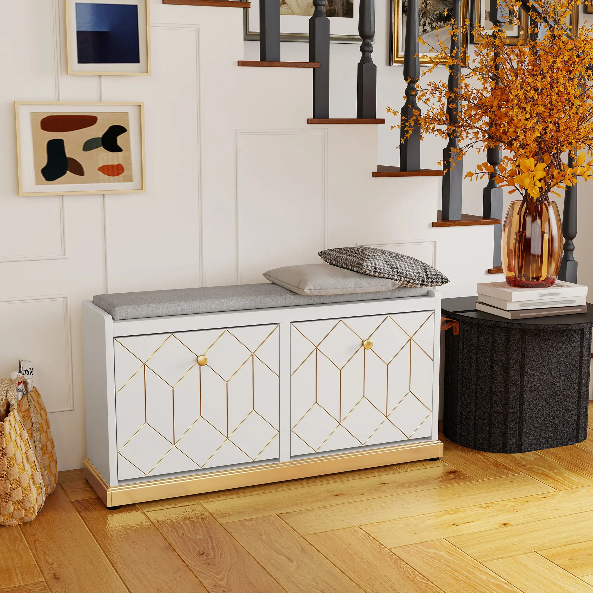 【Summervibes】HLR Shoe Storage Bench with Cushion, Flip Down Shoe Cabinet with Adjustable Shelves, Entryway Shoe Organizer, Modern White & Gold Design, for Small Spaces, Hallway Entryway Living Room, Sit to Change Shoes, Keep Entry Clean