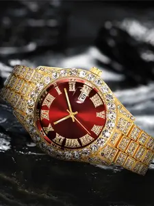 2pcsset Men's Luxury Rhinestone Decorated Business Round Dial Pointer Quartz Watch and Cuban Chain Bracelet Set, Elegant and Stylish Wristwatch with Exquisite Bracelet, Watch Set in Gift Packaging without Box, Business Fashion Watch