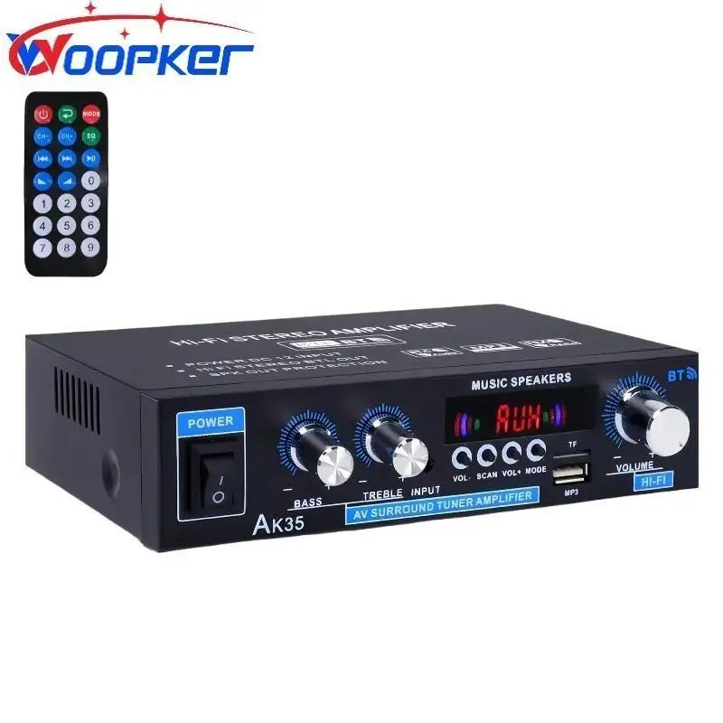 Woopker AK35 Bluetooth 5.0 Wireless HiFi Stereo Home Amplifier - 200W 2.0 Channel Audio Power Amplifier with Bass Treble Control, FM Radio, USB, LED Display, Streaming, Mobile/Desktop/Smartphone Connection for Home Theater, Sound System