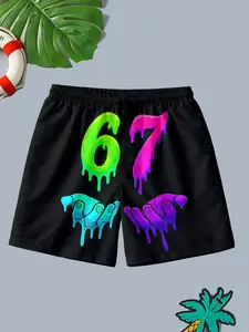 Boys' Quick-Dry Loose Fit Beach Shorts, Digital Print Swimwear, Casual Sportswear, Drawstring Waist, Natural Waist, Short Length