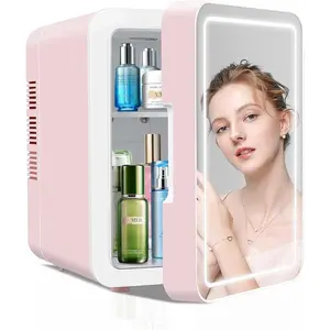 Mini Skincare Fridge (4 Liter/6 Can) with Dimmable LED Light Mirror, Cooler and Warmer for Refrigerating Make Up, Skin Care and Food, Portable Mini Fridge for Bedroom, Office and Car, Pink