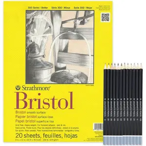 Strathmore Bristol Paper Smooth Pad, 9"x12" Tape Bound, 20 Sheets,100 lb,Bristol Sketchbook Art Paper Smooth Finish for Drawing and Painting with 12 Graphite Pencil Set