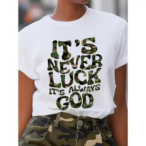 Women's Vibrant Red Camouflage Alphabet Print T-Shirt - "It's Never Luck It's Always God" Inspirational Scripture Crew Neck, Semi-Sheer Polyester Casual Top for All Seasons, Allseason Apparel, Breathable Material, Lightweight Fabr