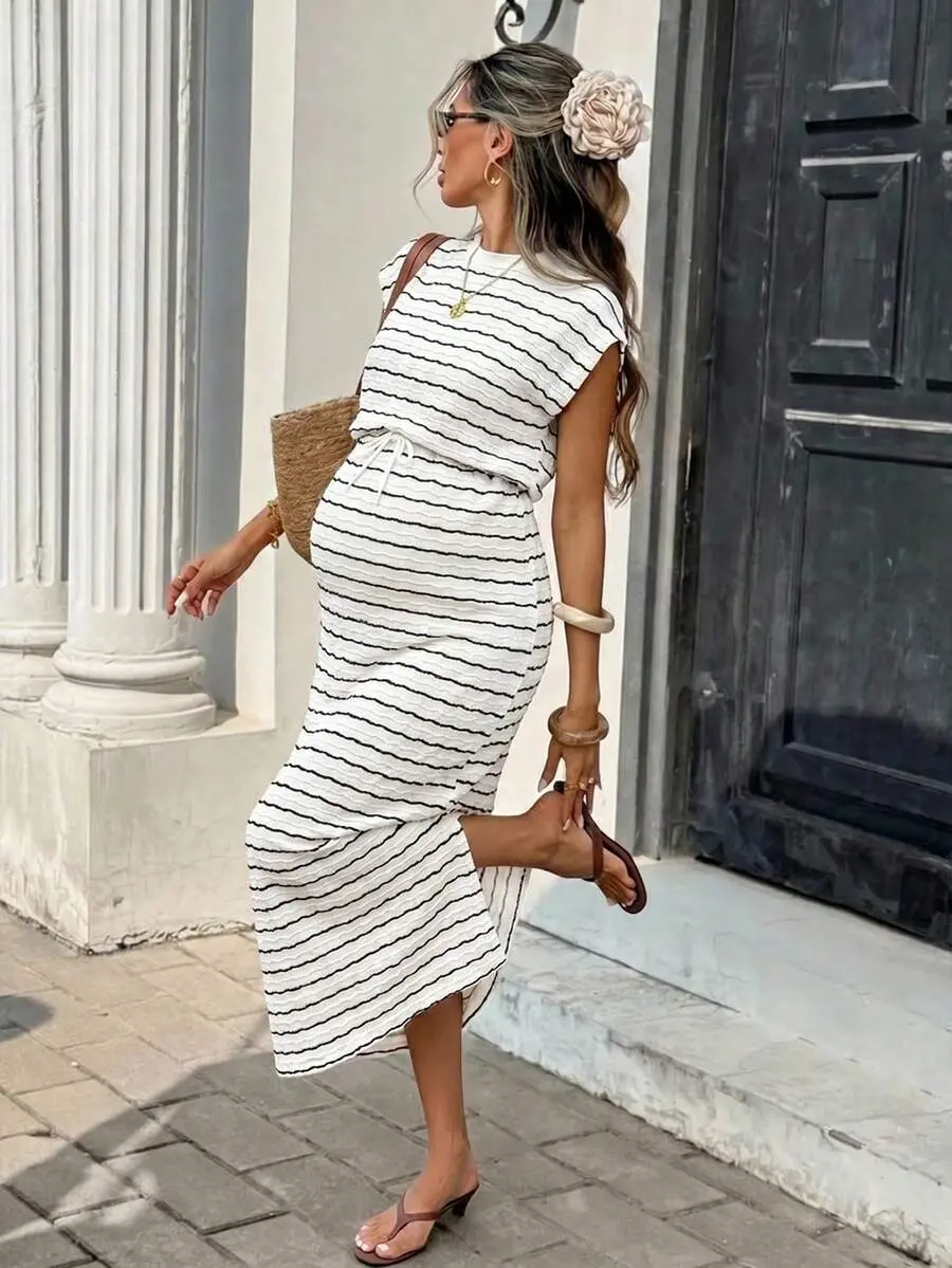 NANCY Maternity Vacation Textured Striped Contrast Color Tie Waist Round Neck Dress