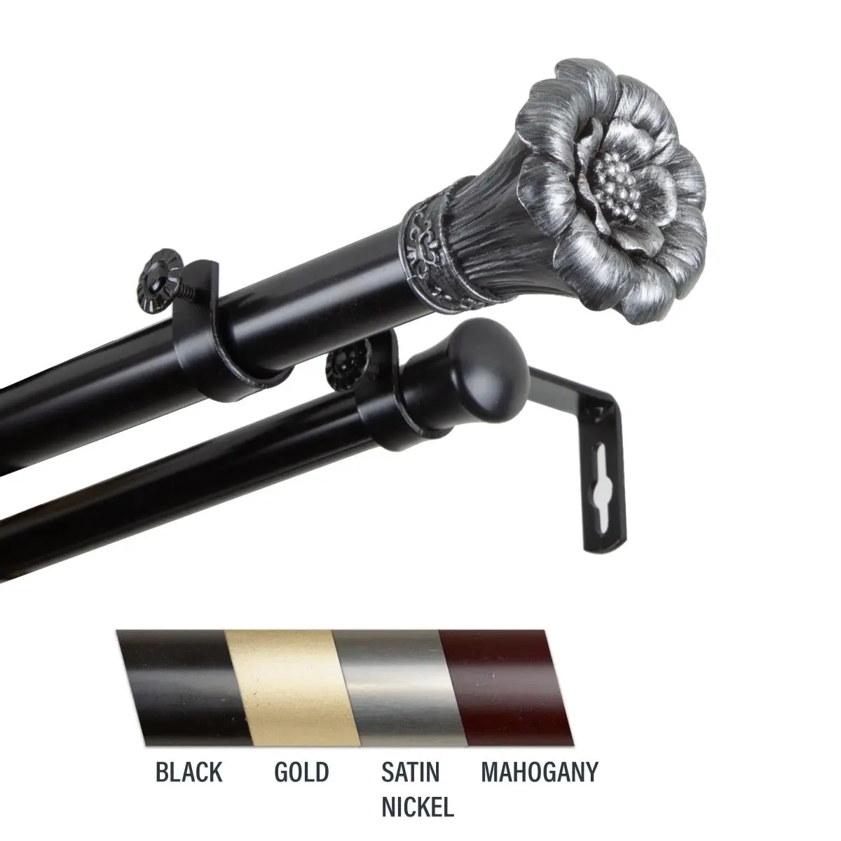 Central Design Flora Decorative Window Curtain Rod, 1 in. Double Rod, 48-84 in. - Black, Decorative Curtain Rods
