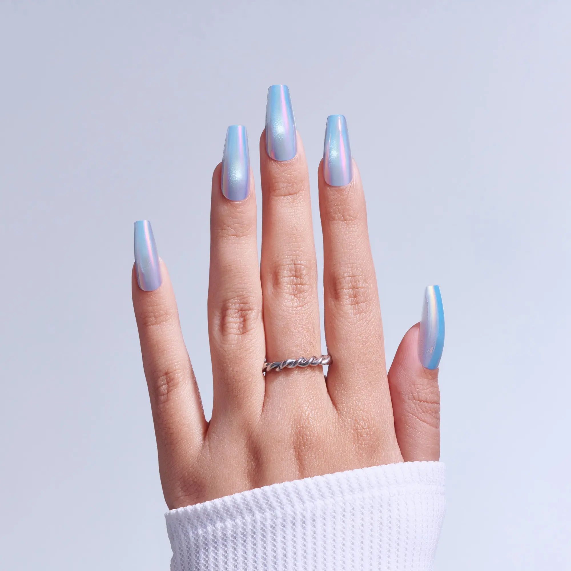 Kiss Glam Embellished Press On Fake Glue Nails - Light Me Softly | Design, Blue, Long, Coffin