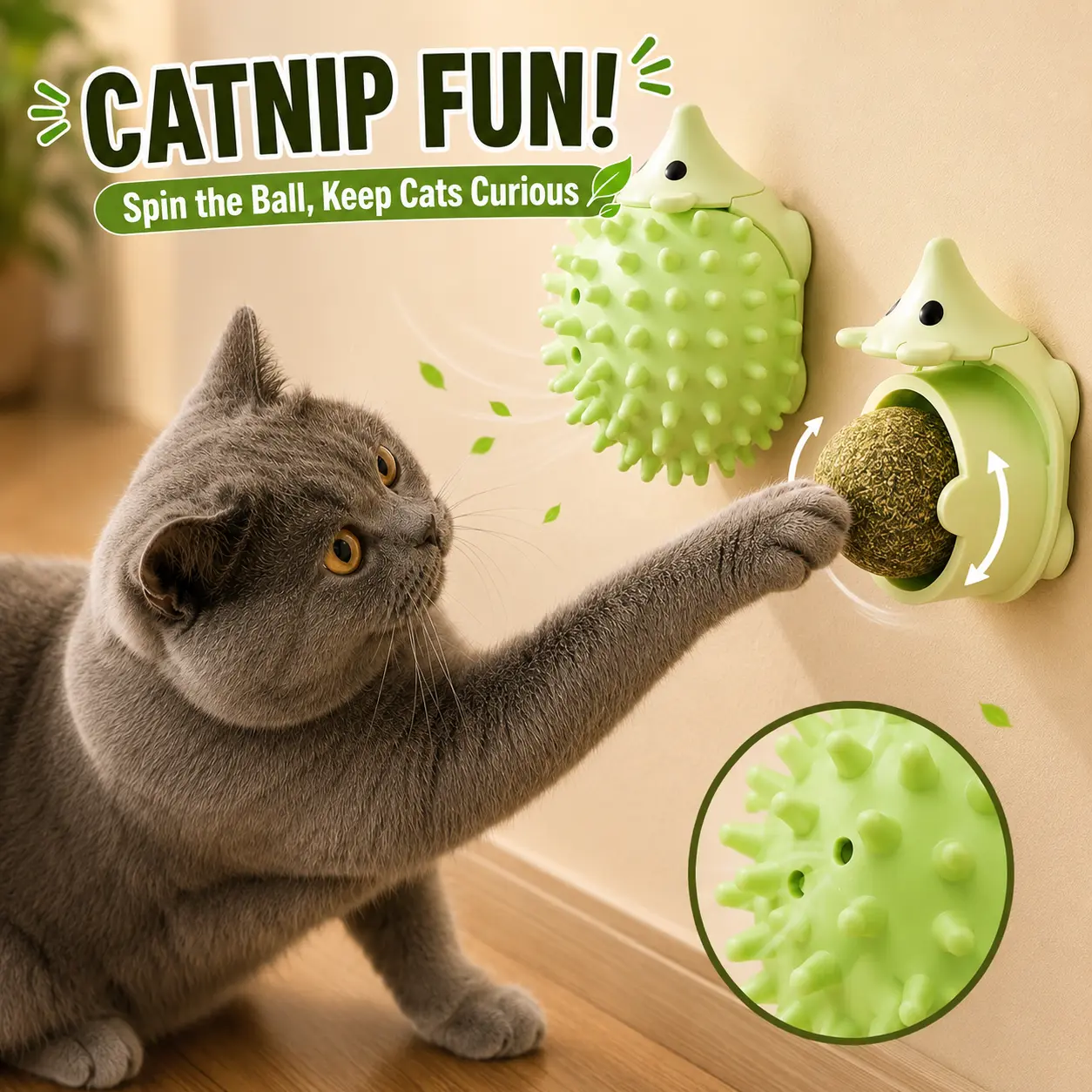 360° Rotating Small Thermoplastic Rubber Catnip Ball Toy - Wall-Mounted Hedgehog Lick Toy, Interactive Cat Accessory for Indoor Cats to Reduce Boredom
