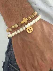 Men's Stainless Steel Cross Round Initial Pendant Bracelet Set, Casual Vintage Beaded Design, Copper Chain, All Season Fashion Jewelry, Beaded Bracelets, Stackable Bracelets