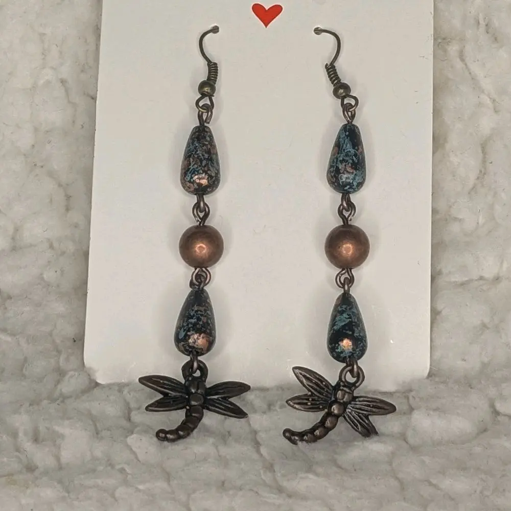 Copper Dragonfly Earrings with Blue Beads and Antique Bronze Finish - Unique Design Jewelry
