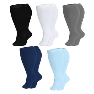 5 Pairs Plus Size Moisture Wicking Compression Sports Socks Wide Calf Knee High Support Socks for Women Men 2XL-4XL, Extra Large Compression Stockings for Running, Nurses, Pregnancy, Travel, Circulation Anti-Slip Breathable