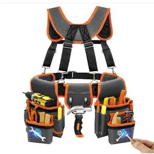 Tool Belt With Suspenders, Heavy Duty Magnetic Tool Belts for Men with 18 Pockets, Tool Belt with Adjustable 32 to 66 Inches Detachable Waist for Electricians, Carpenters, Framers, Black-Grey