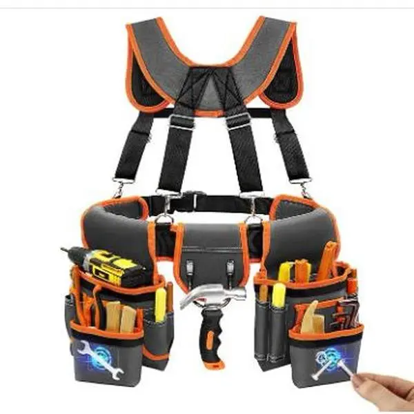 Tool Belt With Suspenders, Heavy Duty Magnetic Tool Belts for Men with 18 Pockets, Tool Belt with Adjustable 32 to 66 Inches Detachable Waist for Electricians, Carpenters, Framers, Black-Grey