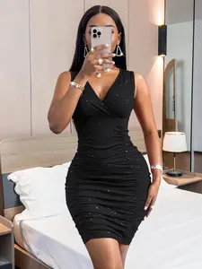VaVaLuxe Glitter Deep V-Neck Rhinestone Ruched Bodycon Mini Dress – Black Sequin Prom & Homecoming Dress