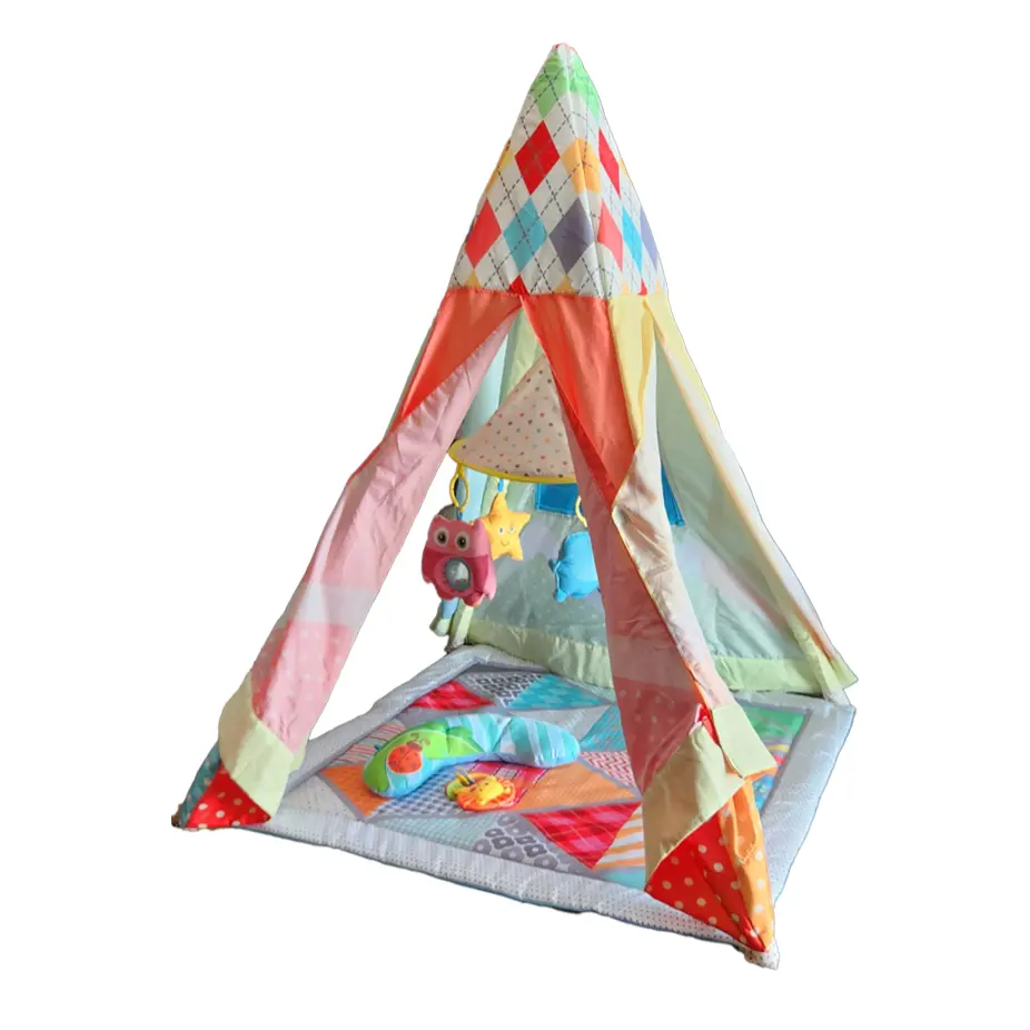 Paaqq 4 Sided Multi-Use Sensory Development Indoor Baby Tower Tent 4 in 1 Play Mat with Rattles Teether and Stuffed Animals for Ages 0-2 JL634-1A