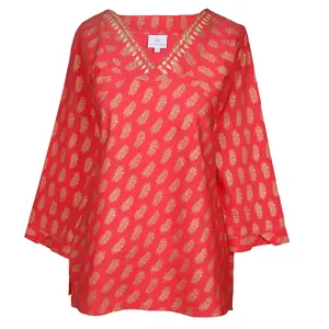 Sheba Coral  Embroidered Metallic Blouse