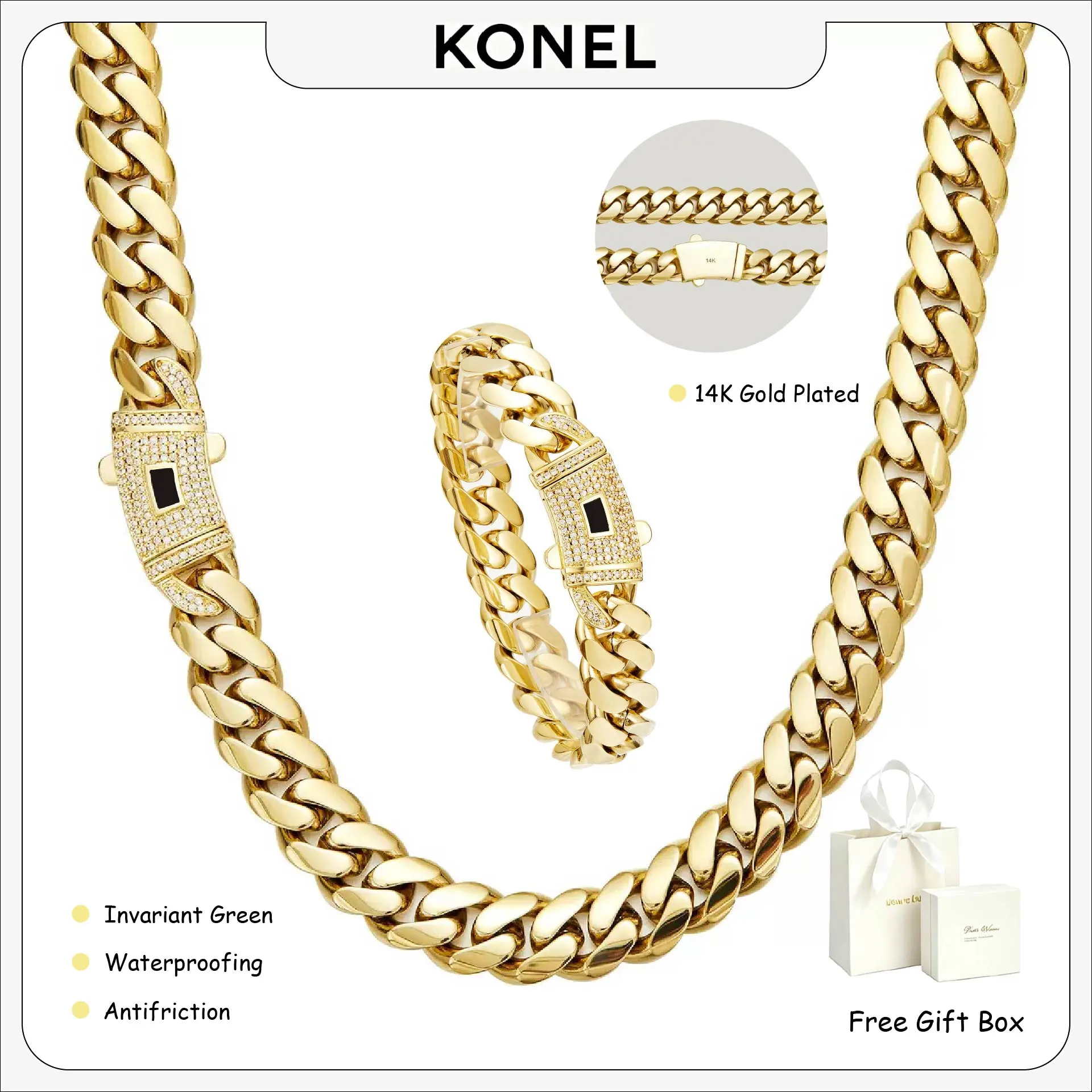 [Set] 14K gold-plated Cuban necklace and bracelet set, featuring a new rust-proof technology, comfortable to wear, and hypoallergenic. Available sizes: 6/8 mm. Suitable for various occasions and an ideal Father's Day gift.
