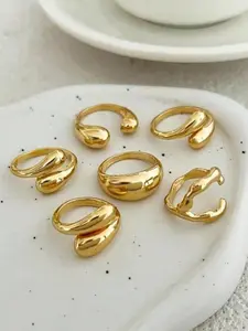 6pcs Set Vintage Minimalist Alloy  Teardrop Design Open Rings, Asymmetrical Fashionable Thick Metal Gold Tone Ring Set.Perfect Gift For Birthdays, Holiday Gifts, And Parties. Suitable For All Seasons, And Is An Ideal Choice For Holiday Accessories.