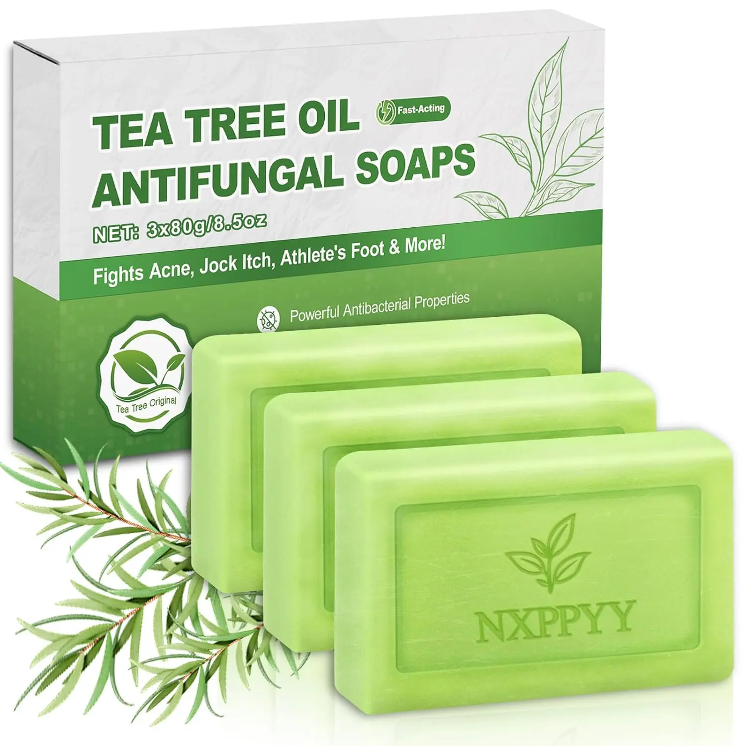 Antifungal Antibacterial Tea Tree Oil Soap Bars (3 x 2.82 oz) - Body & Face Wash for Acne, Folliculitis, Body Odor