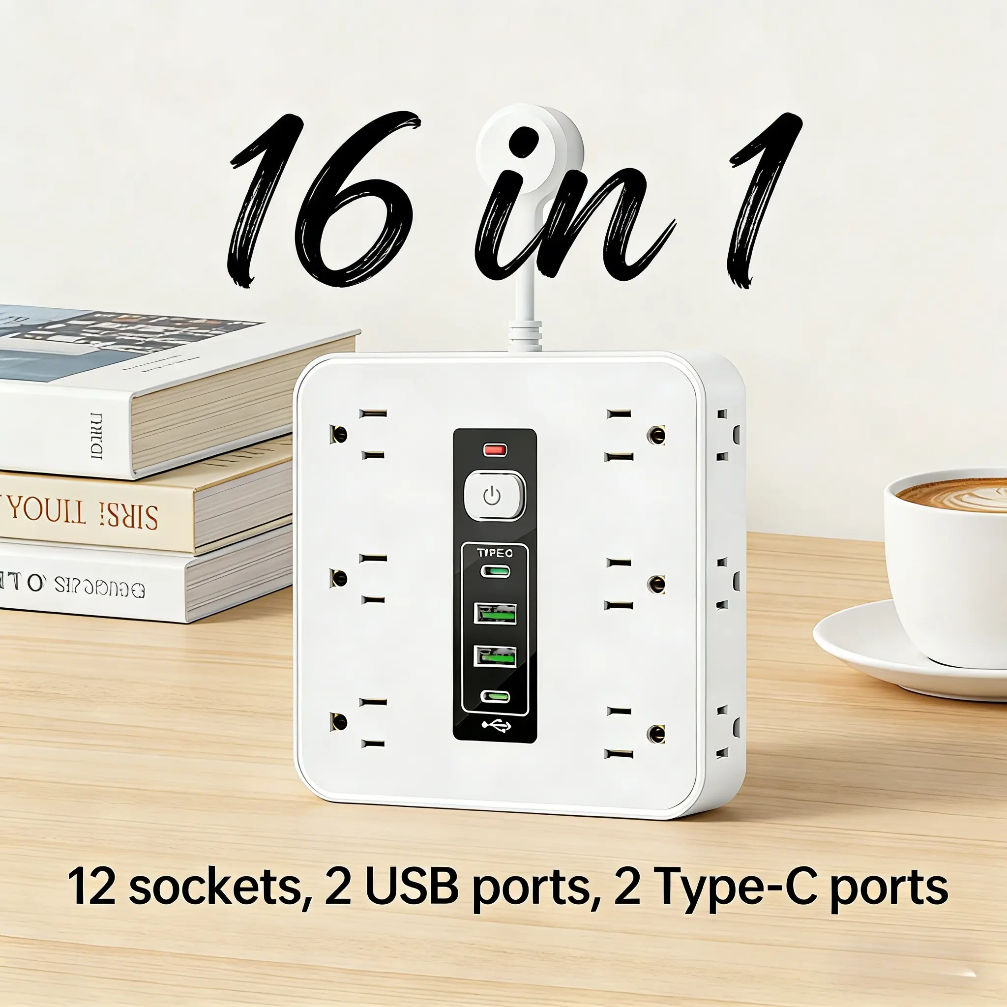 16-In-1 Multi-Functional Surge Protector Power Strip, 12 AC Outlets, 2 USB Ports, 2 Type-C Ports, Flexible Installation, Socket Expander for Home & Office Indoor Use