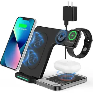 3 in 1 Wireless Charging Station for iPhone Apple Watch AirPods, Fast Foldable Charger Stand, Qi Wireless Charging Dock for Multiple Devices, Travel Portable Charging Pad with Adapter