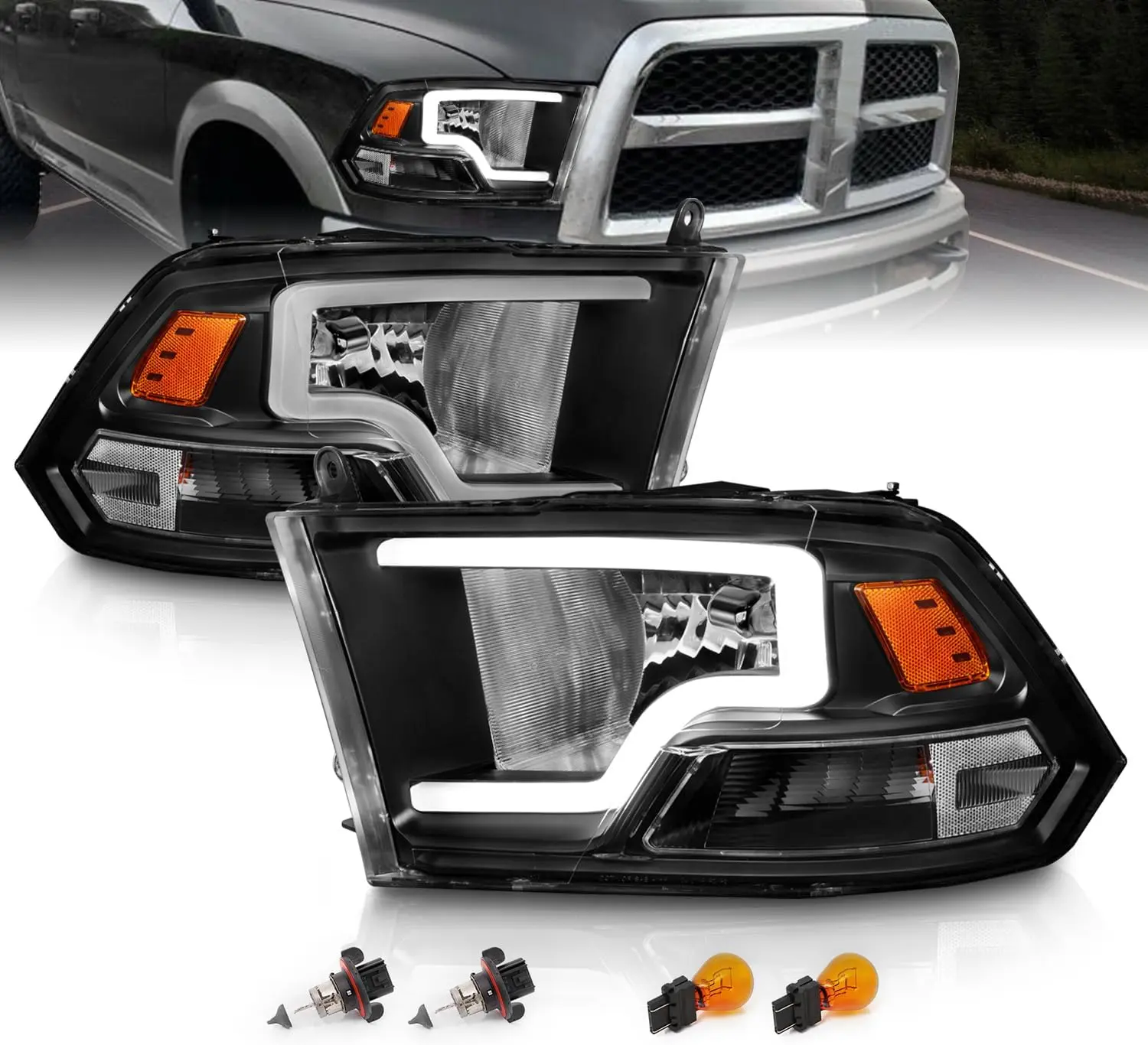 AmeriLite Black Replacement Headlights for 2009-2018 Dodge Ram 1500 2500 3500 Truck - LED Bar, with Bulbs, Driver and Passenger Side Pair #DodgeRam #RamTrucks #RamNation #RamFam